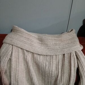 Off-Shoulder Ribbed Cowl Sweater in Light Beige